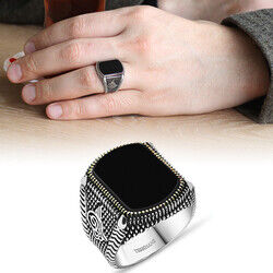 Tugra Engraved 925 Sterling Silver Mens Ring With Square Onyx - 3