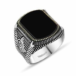 Tugra Engraved 925 Sterling Silver Mens Ring With Square Onyx - Thumbnail