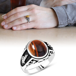 Tugra Engraved 925 Sterling Silver Mens Ring With Tiger Eye Oval Stone - 1
