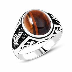 Tugra Engraved 925 Sterling Silver Mens Ring With Tiger Eye Oval Stone - Thumbnail
