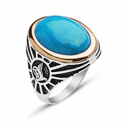 Tugra Engraved 925 Sterling Silver Mens Ring With Turquoise Stone - Thumbnail