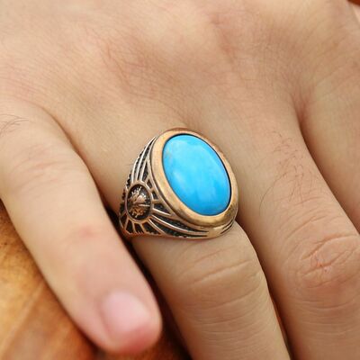 Tugra Engraved 925 Sterling Silver Mens Ring With Turquoise Stone