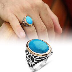 Tugra Engraved 925 Sterling Silver Mens Ring With Turquoise Stone