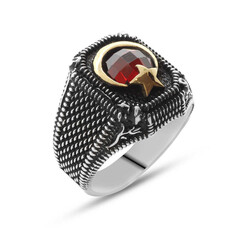 Tulip Motif Ayyildiz Design Red Zirconia 925 Sterling Silver Ring - Thumbnail
