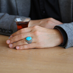 Turquoise And Turquoise Stone 925 Sterling Silver Mens Ring - Thumbnail