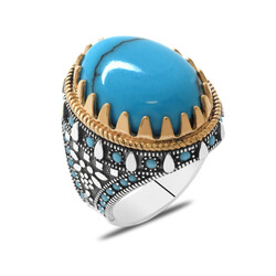 Turquoise And Turquoise Stone 925 Sterling Silver Mens Ring - Thumbnail