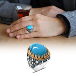 Turquoise And Turquoise Stone 925 Sterling Silver Mens Ring