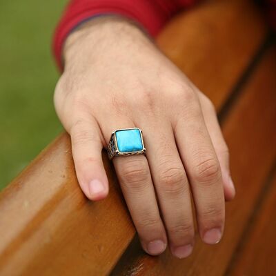Turquoise Stone 925 Sterling Silver Men's Ring - 3