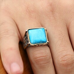 Turquoise Stone 925 Sterling Silver Men's Ring - Thumbnail