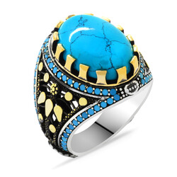 Turquoise Zirconia Zirconia Oval Design 925 Sterling Silver Mens Ring - 3