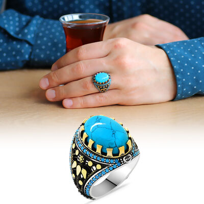 Turquoise Zirconia Zirconia Oval Design 925 Sterling Silver Mens Ring