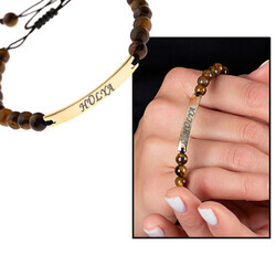 Unisex Bracelet With Tiger's Eye Names Written İn Natural Stone, Steel, Combined - Thumbnail