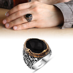 Vav Embroidered Black Onyx 925 Sterling Silver Mens Ring - 1