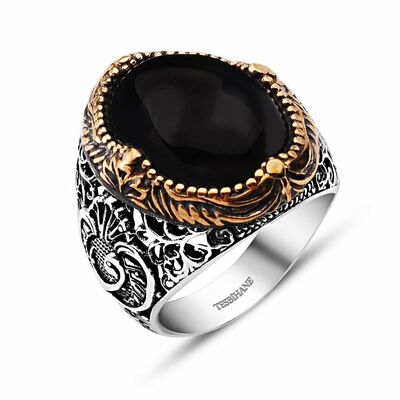 Vav Embroidered Black Onyx 925 Sterling Silver Mens Ring - 2