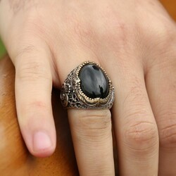 Vav Embroidered Black Onyx 925 Sterling Silver Mens Ring - 4