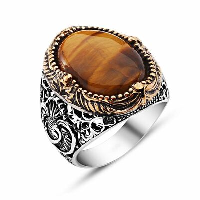 Vav Tiger Eye Stone Embroidered 925 Sterling Silver Mens Ring - 2