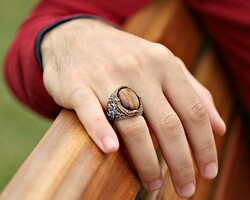 Vav Tiger Eye Stone Embroidered 925 Sterling Silver Mens Ring - 4