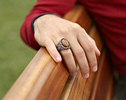 Vav Tiger Eye Stone Embroidered 925 Sterling Silver Mens Ring - 5