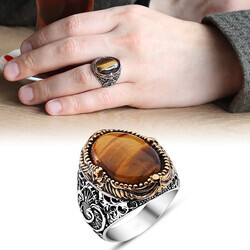 Vav Tiger Eye Stone Embroidered 925 Sterling Silver Mens Ring - 7