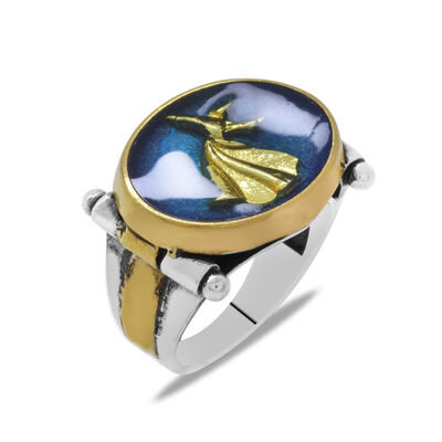 Whirling Dervish Design Mens Blue Enamel 925 Sterling Silver Ring