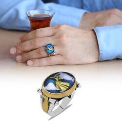 Whirling Dervish Design Mens Blue Enamel 925 Sterling Silver Ring - Thumbnail