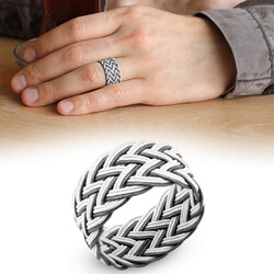 White Black 1000 Sterling Silver Trabzon Handmade Knitted Kazaz Ring - 1