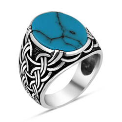 White Turquoise Men's Ring İn Sterling Silver Decorated With Leaves And Embroidery - 1