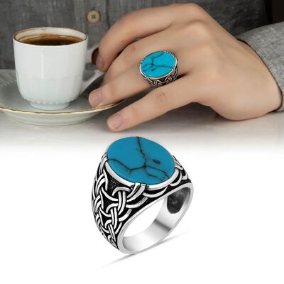 White Turquoise Men's Ring İn Sterling Silver Decorated With Leaves And Embroidery - 2