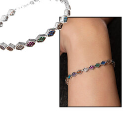 Womens 925 Sterling Silver Bracelet Hexagon Design Multicolor Zircon Full Tour - 1