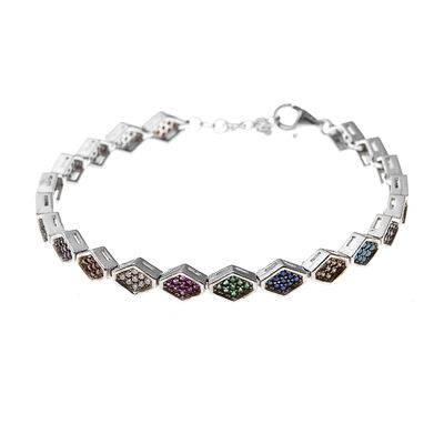 Womens 925 Sterling Silver Bracelet Hexagon Design Multicolor Zircon Full Tour - 5