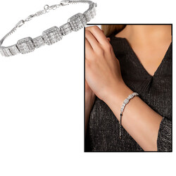 Women's 925 Sterling Silver Bracelet With Baguette Stone Lining Half Round - 1