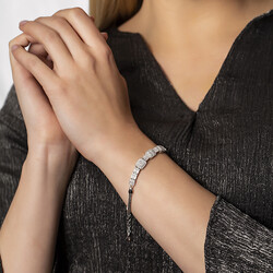 Women's 925 Sterling Silver Bracelet With Baguette Stone Lining Half Round - 3