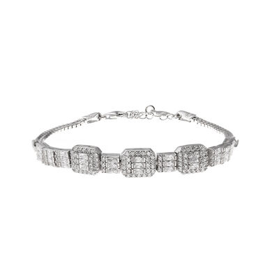 Women's 925 Sterling Silver Bracelet With Baguette Stone Lining Half Round - 5