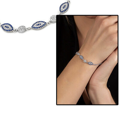 Women's 925 Sterling Silver Bracelet With Blue White Oval Zirconia - 1