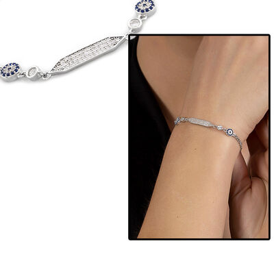 Women's 925 Sterling Silver Bracelet With Blue White Zirconia Flower Design - 1