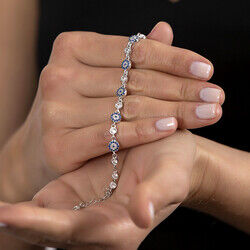 Women's 925 Sterling Silver Bracelet With Blue White Zirconia Flower Pattern - 6