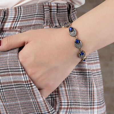 Women's 925 Sterling Silver Bracelet With Zirconia And Dark Blue Ruby Stone - 2