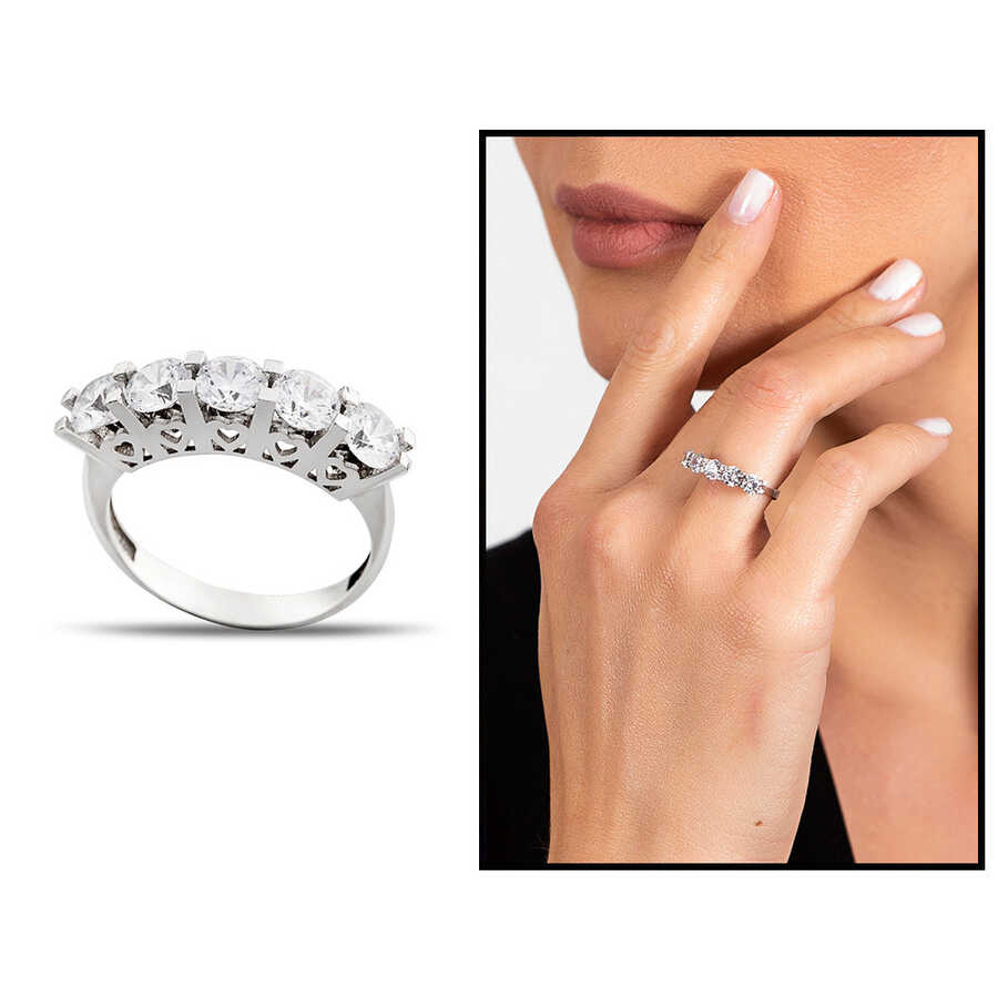Women's 925 Sterling Silver Five Stones Ring With Starlight Diamonds Elegant Design 925 Sterling Silver