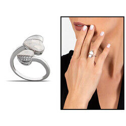 Women's 925 Sterling Silver Heart Shaped Pearl Stone Ring - 7