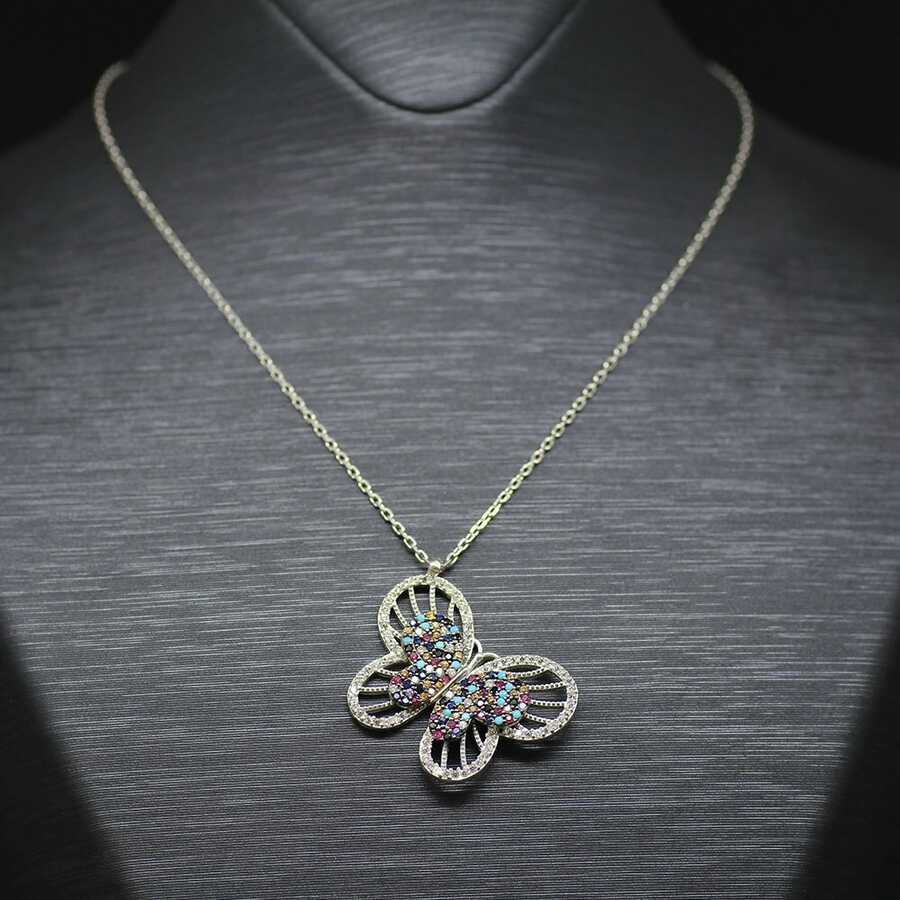 Women's 925 Sterling Silver Necklace With Colorful Zirconia Butterfly Stone