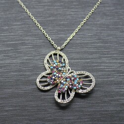 Women's 925 Sterling Silver Necklace With Colorful Zirconia Butterfly Stone - Thumbnail