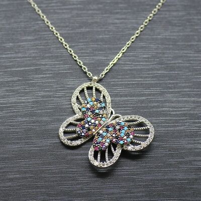 Women's 925 Sterling Silver Necklace With Colorful Zirconia Butterfly Stone