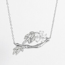 Women's 925 Sterling Silver Necklace With Flower Leaves And White Stones - Thumbnail
