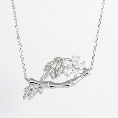 Women's 925 Sterling Silver Necklace With Flower Leaves And White Stones