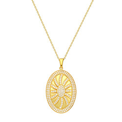 Women's 925 Sterling Silver Oval Necklace With White Zirconia And Sun Design - Thumbnail