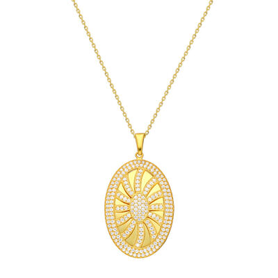 Women's 925 Sterling Silver Oval Necklace With White Zirconia And Sun Design