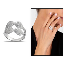 Women's 925 Sterling Silver Ring With Double Row Zirconia Leaf - 1