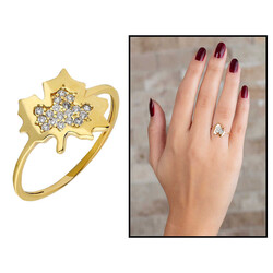 Women's 925 Sterling Silver Ring With Gold Plated Zircon Leaf Design - 1