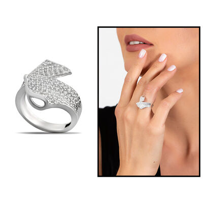 Women's 925 Sterling Silver Ring With Zircon Stone Leaf With Detailed 