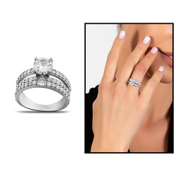 Women's 925 Sterling Silver Solitaire Ring With Zircon Stone Double Row Design - Thumbnail